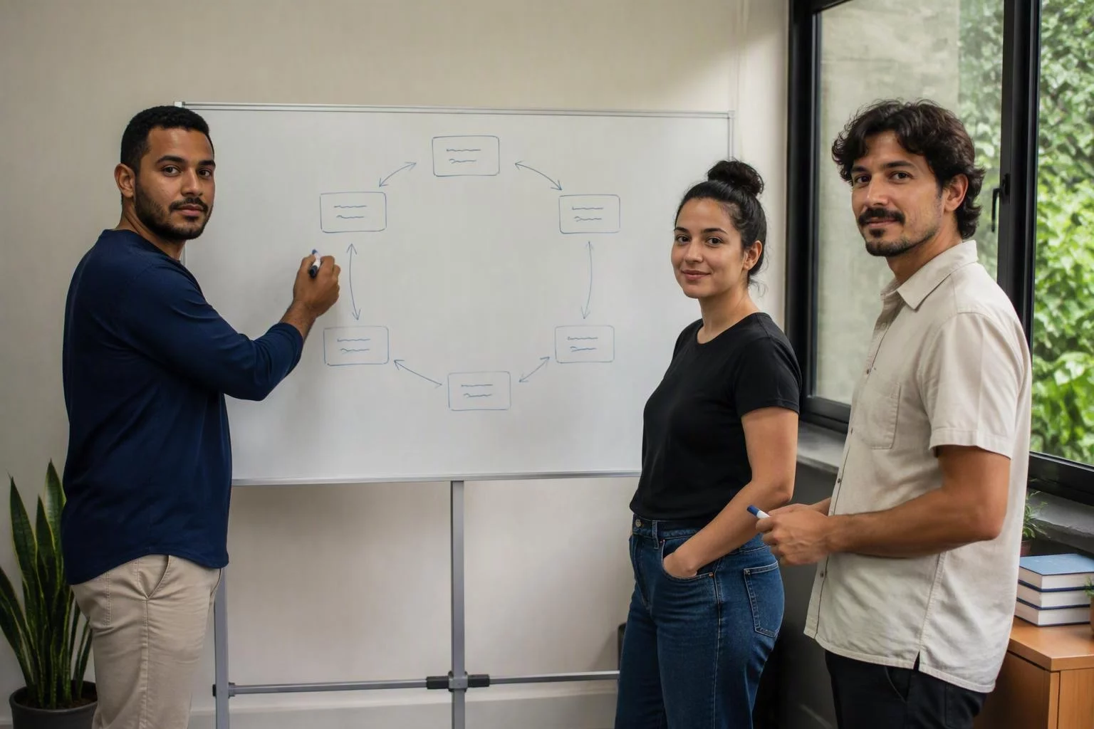 Equipe em pé diante do quadro com o ciclo de renovação
