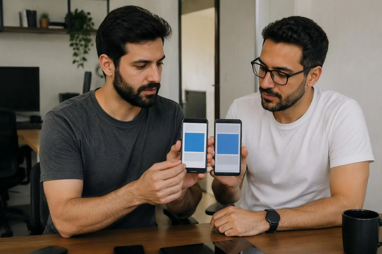 Dupla de desenvolvedores comparando a mesma tela em iPhone e Android